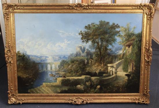 George Armfield (1808-1893) Claudian landscape with classical buildings and viaducts 25.5 x 39.5in.